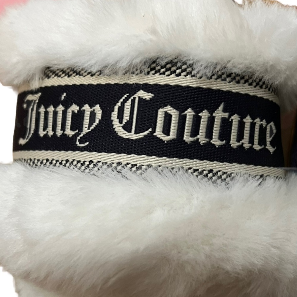 NWT Juicy Couture Soft Fuzzy Logo Slippers Gold Trim L - Picture 5 of 6
